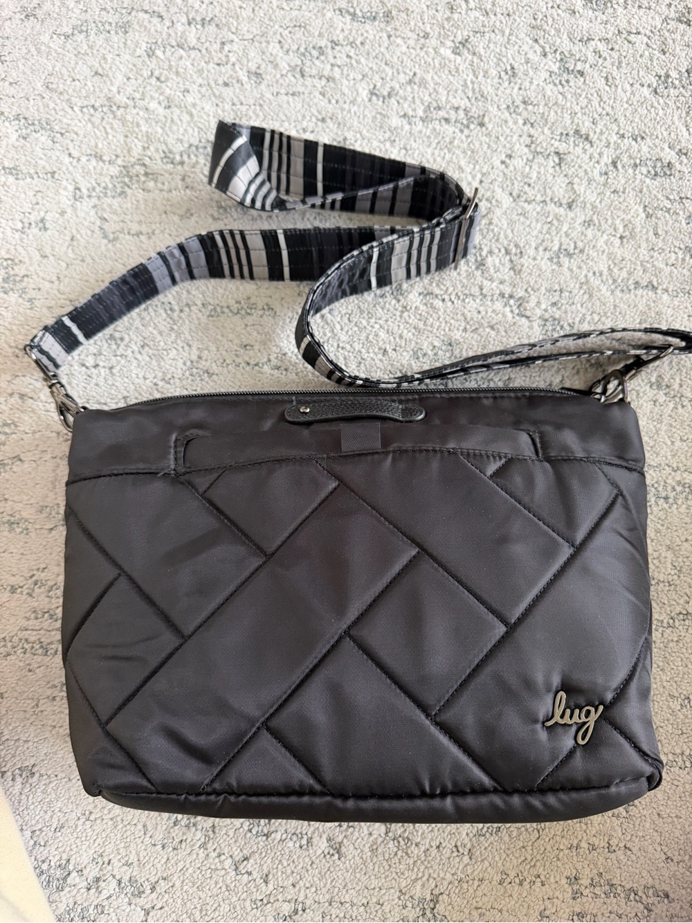 lug Quilted Crossbody Bag in Black with Patterned Strap